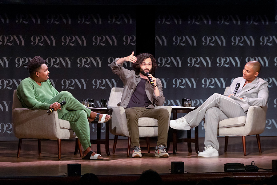 Saeed Jones, Penn Badgley, Zach Stafford on stage at 92NY